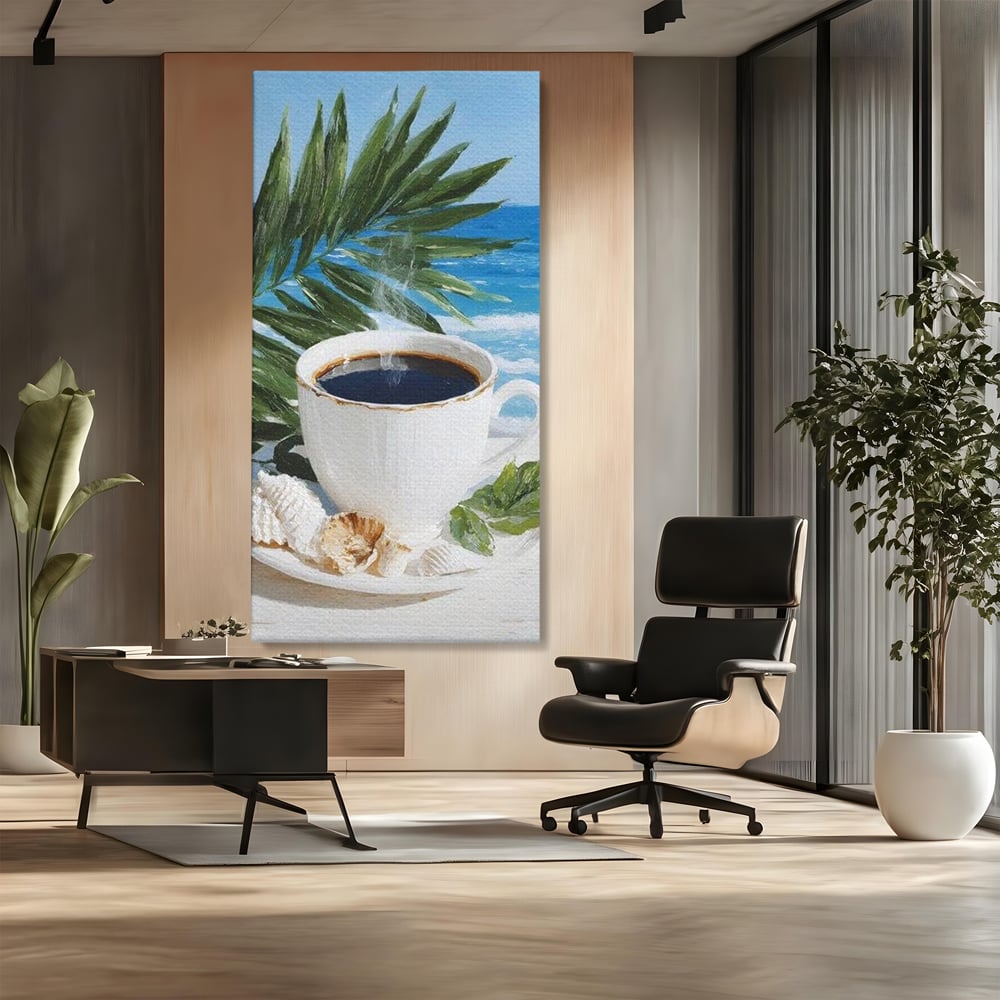 Tablou canvas cu tablou canvas cu ceasca de cafea pe plaja, fara rama, pe sasiu de lemn, pe perete intr-un birou